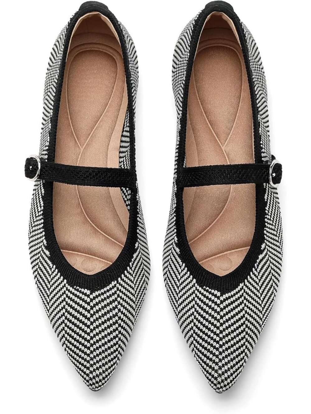 Women's Black Knit Flats Pointed Tip Casual Ballet Flat Shoes with Ankle Strap